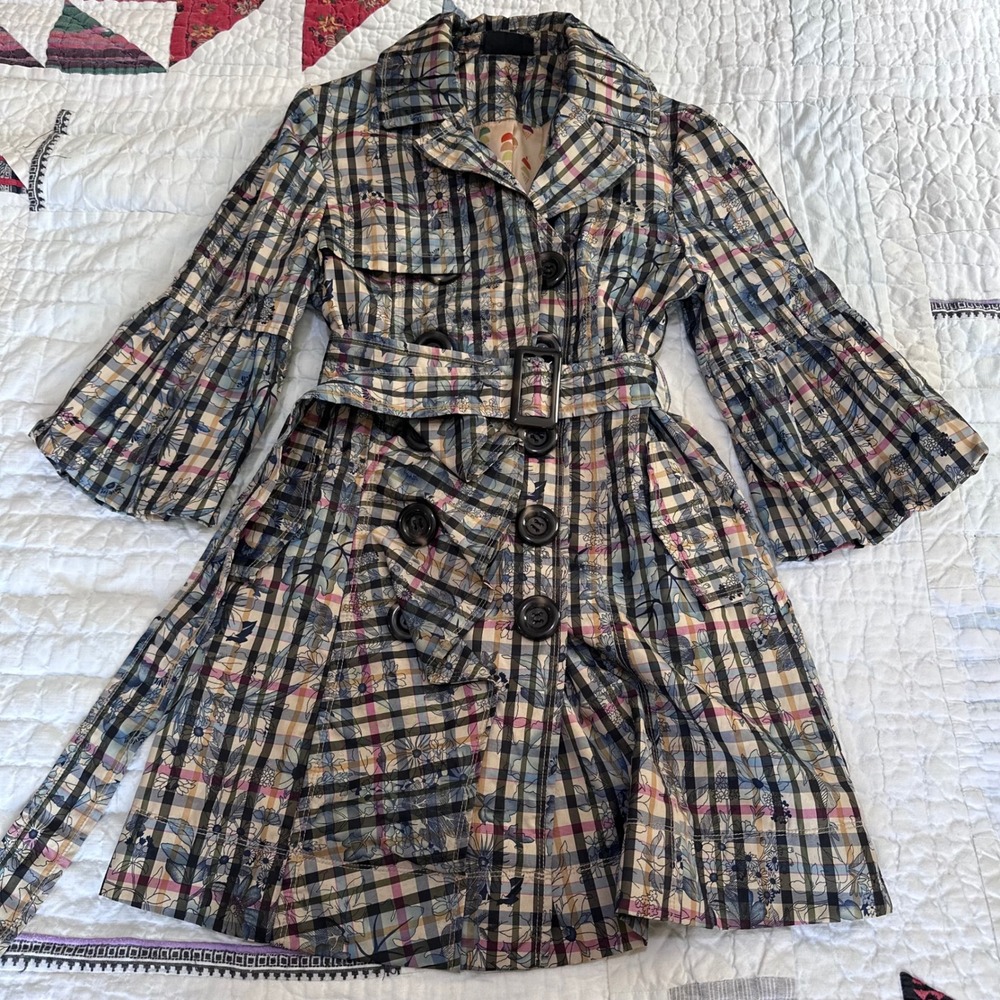 Poems Trench Coat Multicolor Plaid Floral Belted Bell Sleeve Italian Design M
